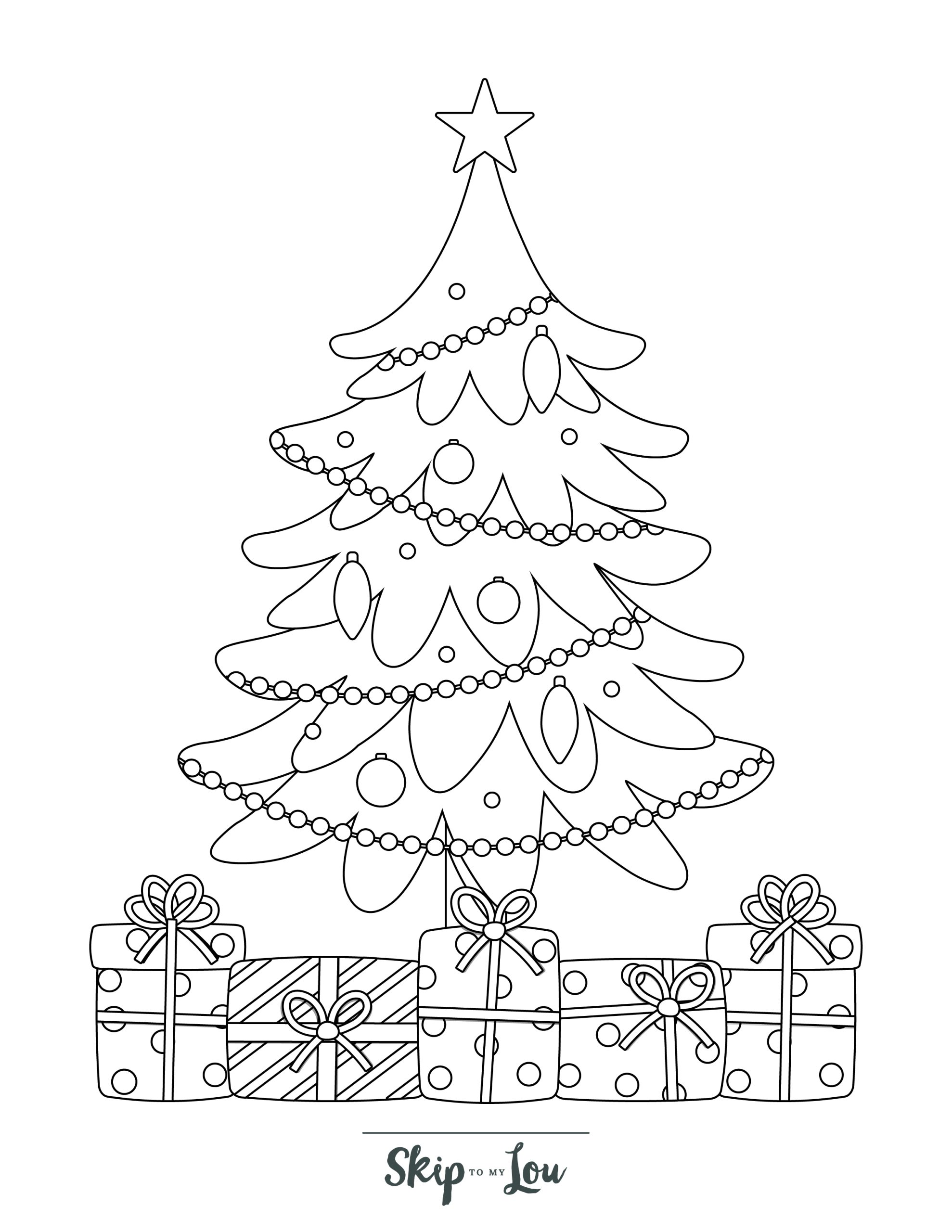 Holiday Coloring Page 6 - Line drawing of a Christmas tree with gifts underneath