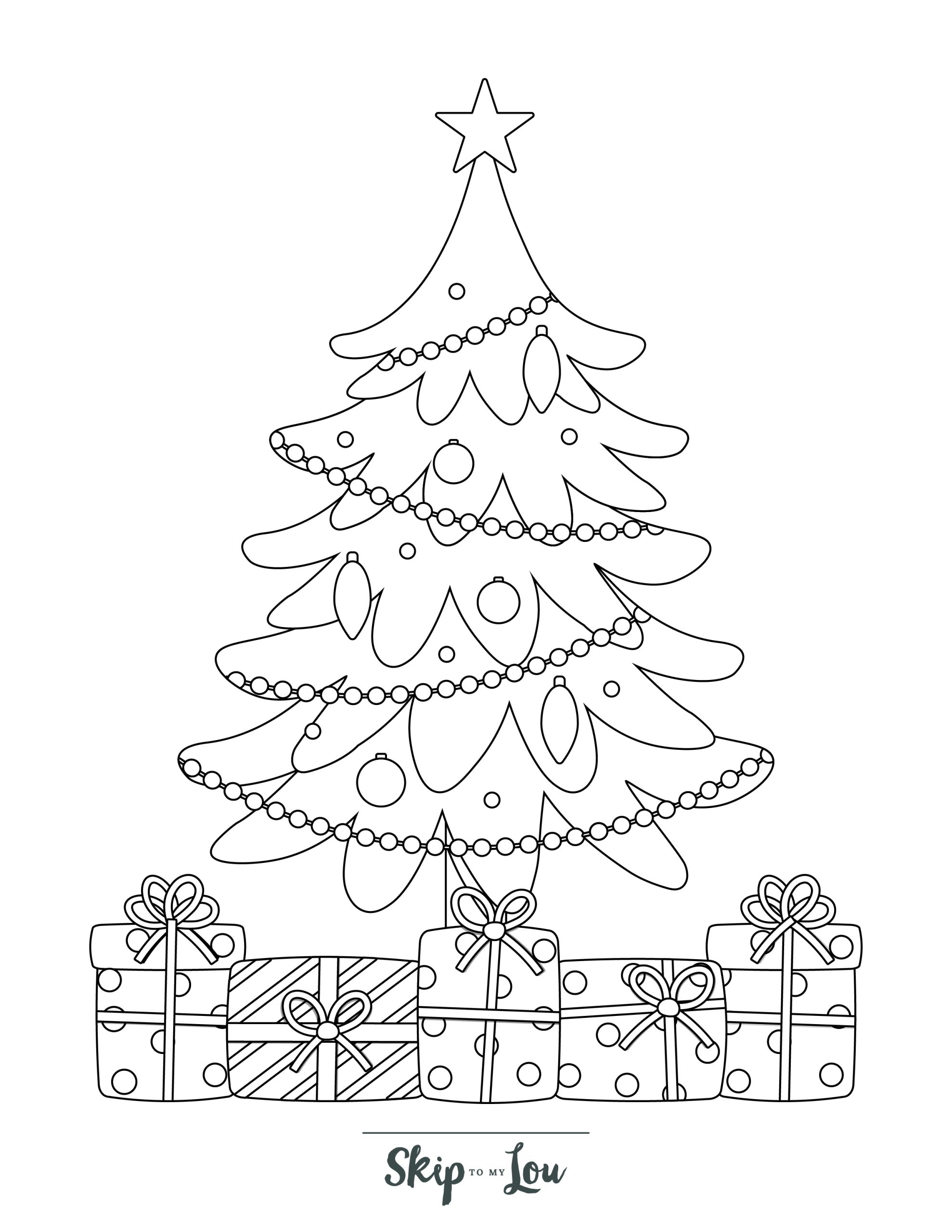 Holiday Coloring Page 6 - Line drawing of a Christmas tree with gifts underneath