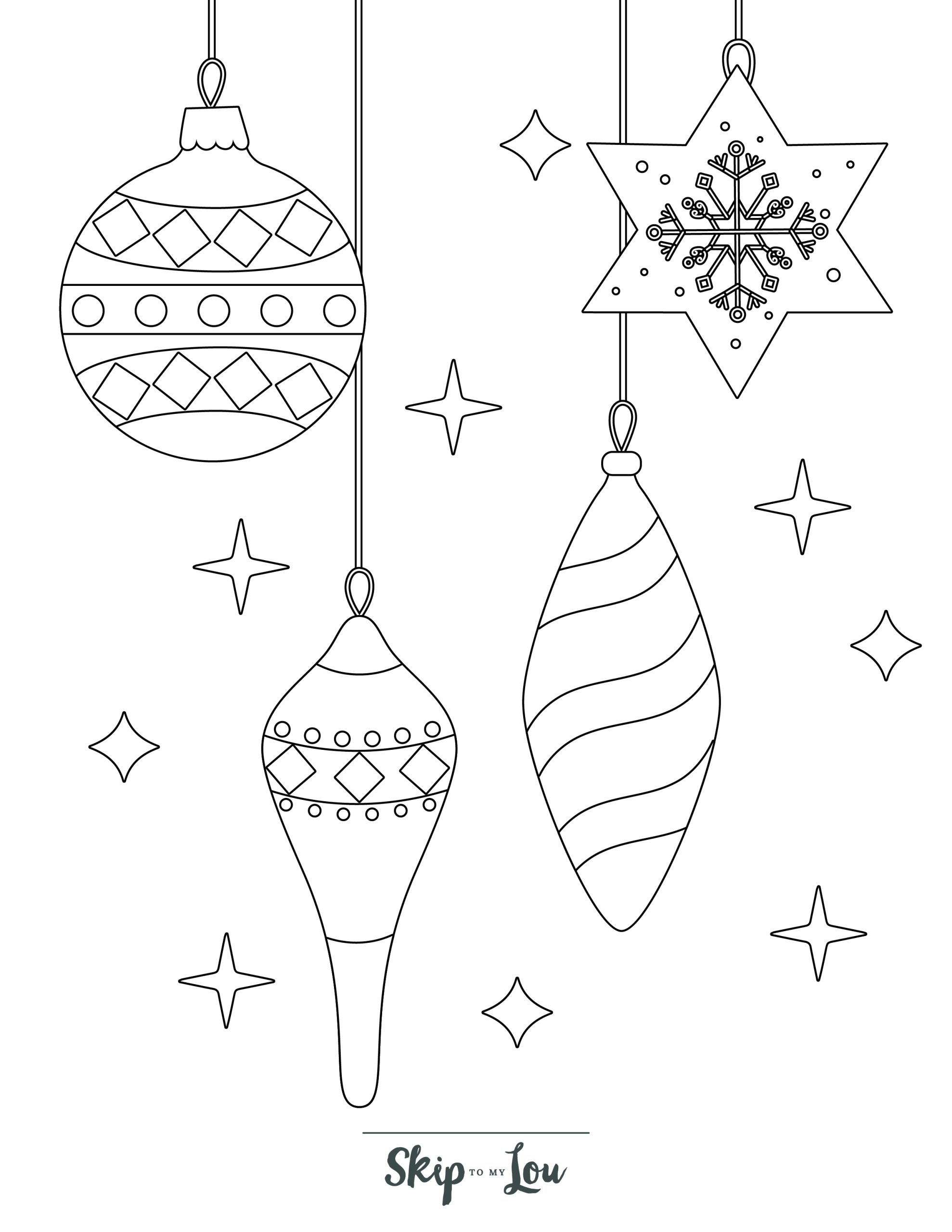 Holiday Coloring Page 7 - Line drawing of Christmas tree baubles 