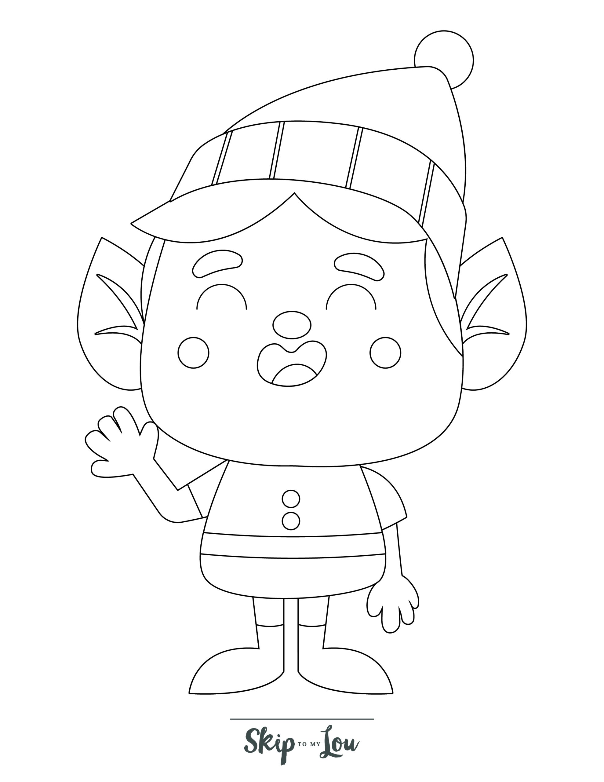 Holiday Coloring Page 8 - Line drawing of Santa's helper waving