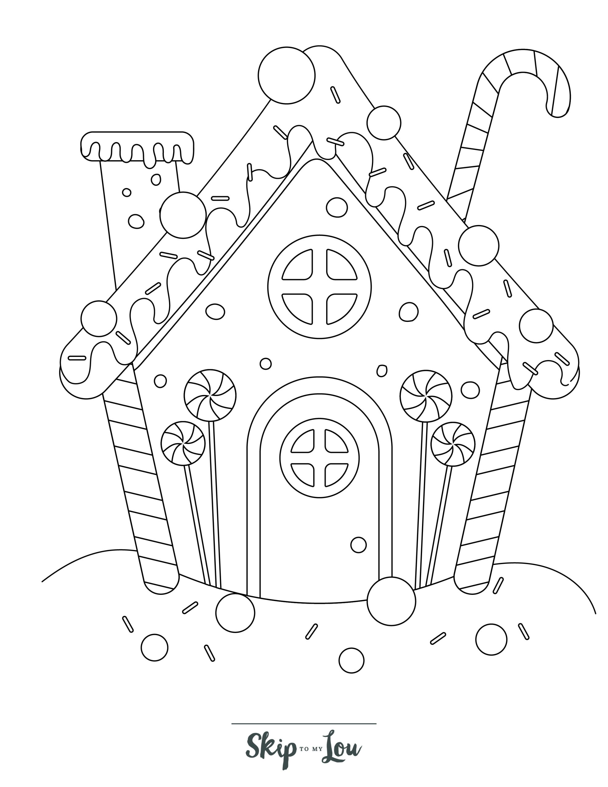 Holiday Coloring Page 9 - Line drawing of a gingerbread house 