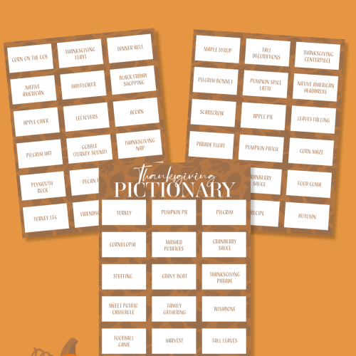 Printable thanksgiving pictionary cards on top of an orange background with thanksgiving decorations. pdf printable from skip to my lou