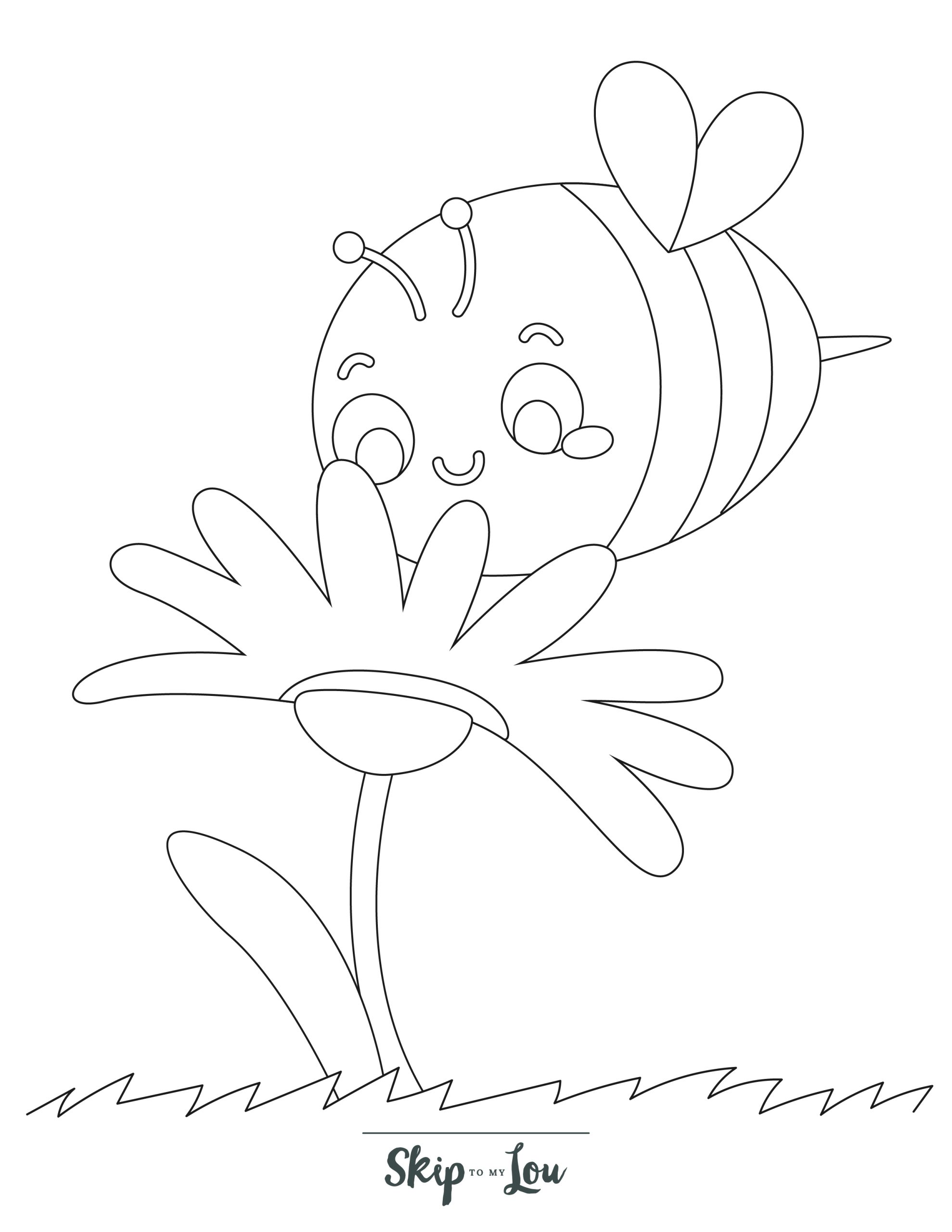 Preschool Coloring Page 1 - Simple line drawing of a bumblebee sniffing a flower