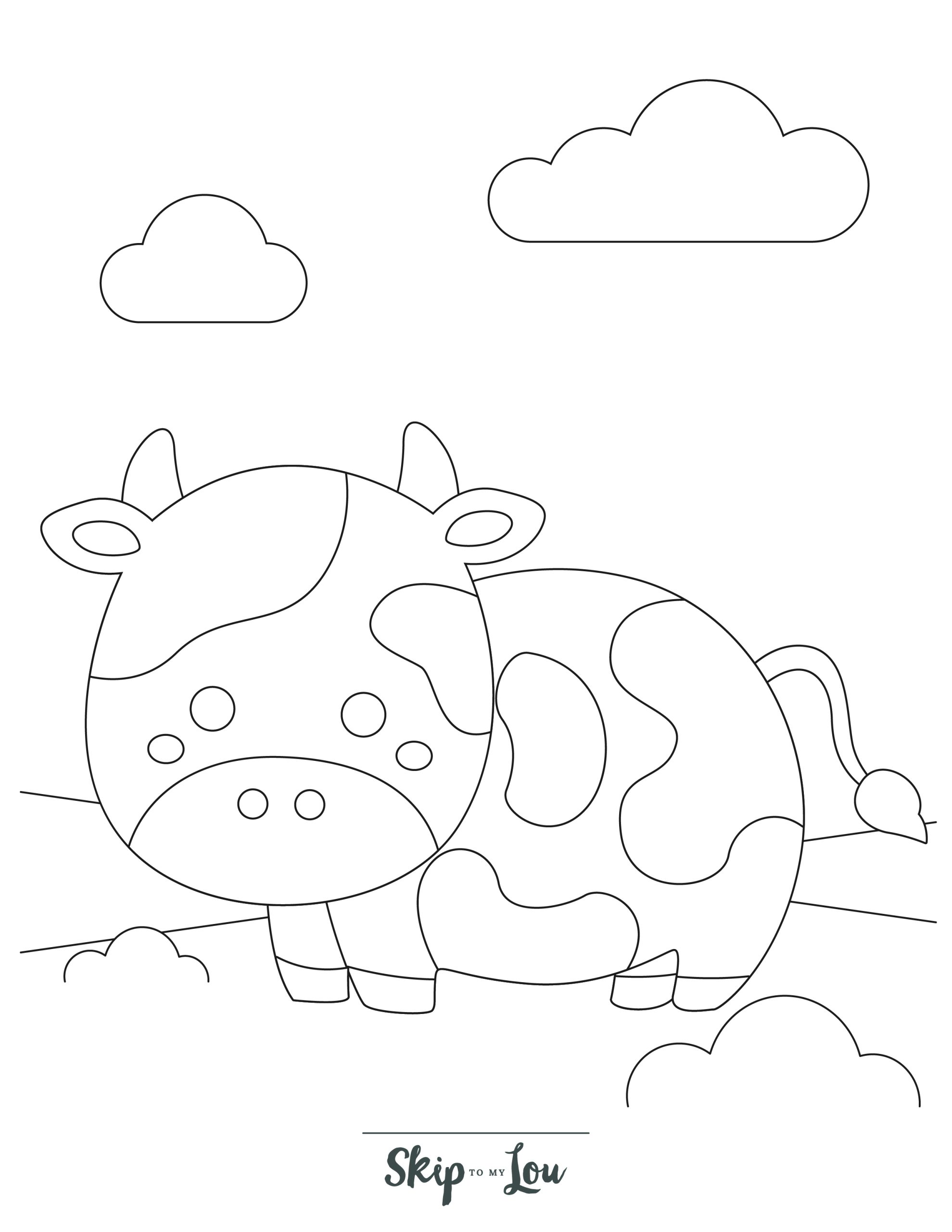 Preschool Coloring Page 2 - Simple line drawing of a cow in a field