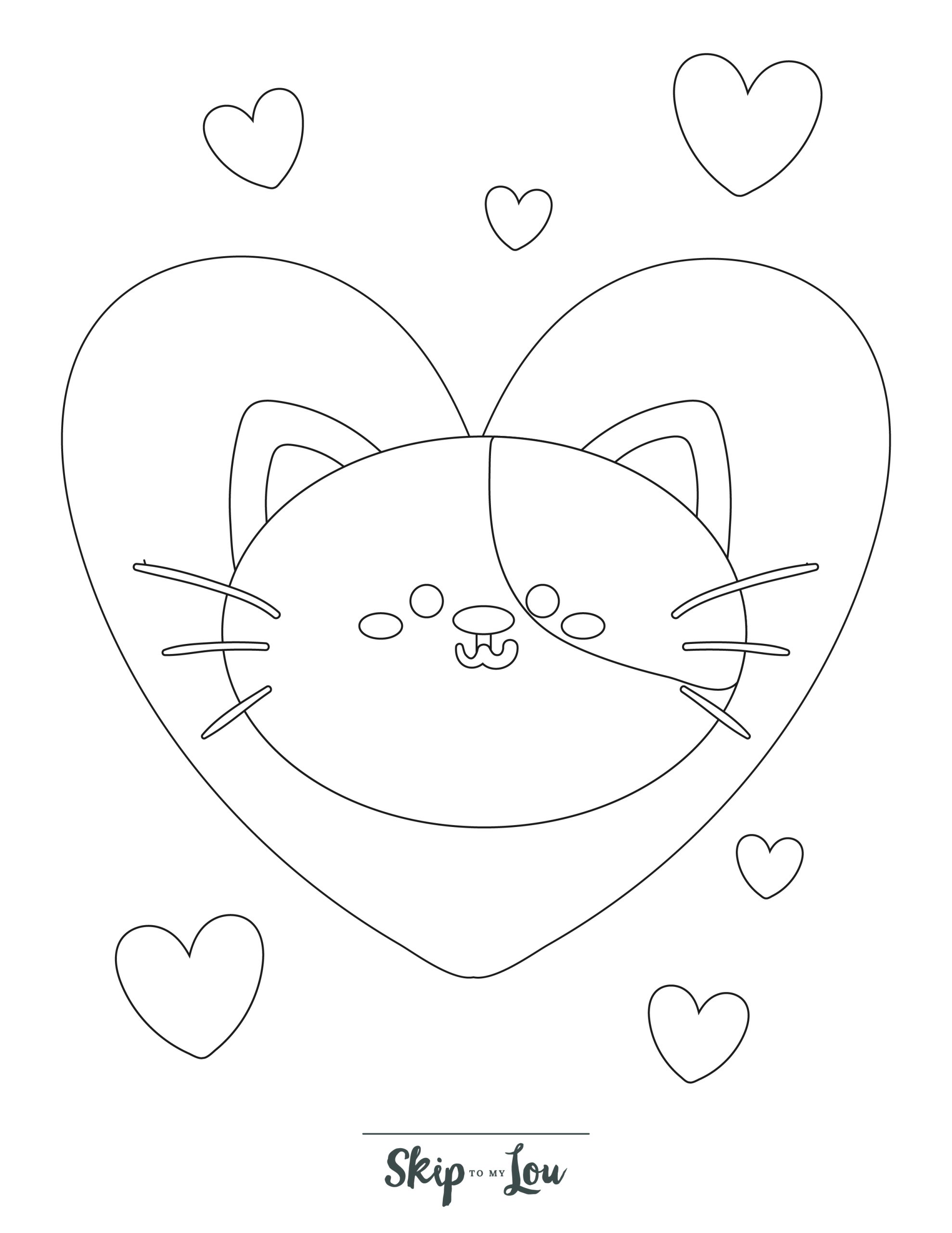Preschool Coloring Page 5 - Simple line drawing of a cat's face with hearts in the background