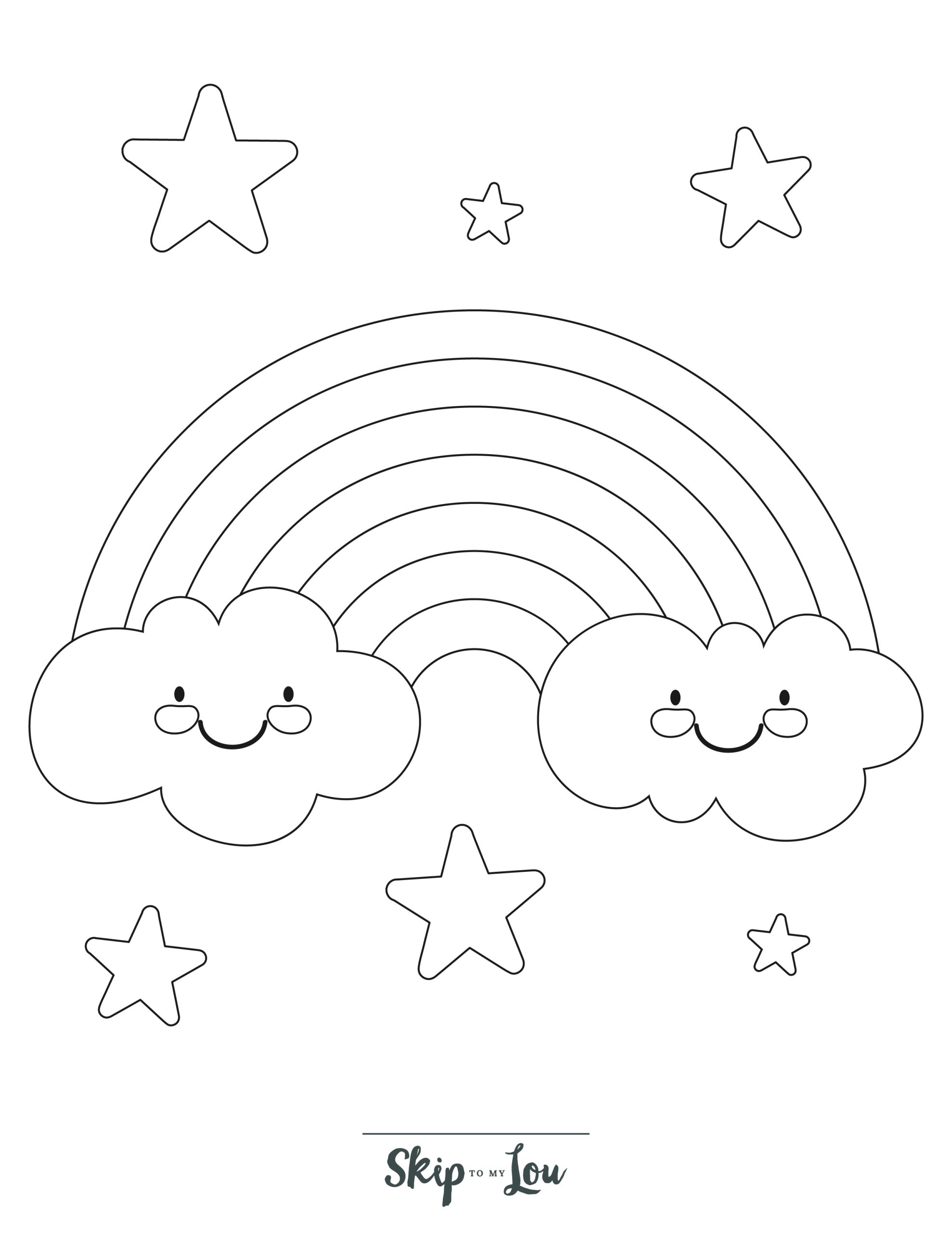 Preschool Coloring Page 8 - Simple line drawing of rainbow with two clouds