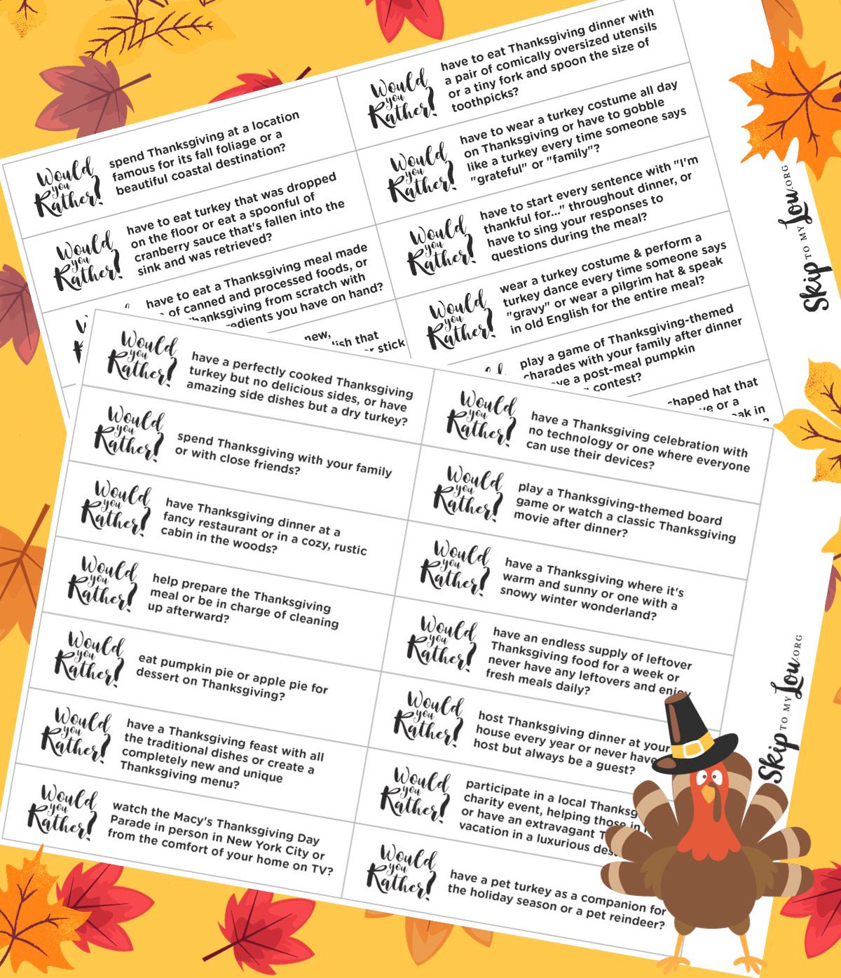 Printed thanksgiving would you rather questions with Thanksgiving decorations in front of a yellow background with autumn leaves