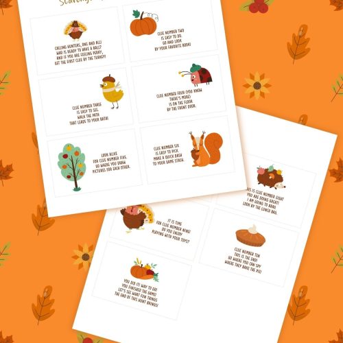 Printable thanksgiving scavenger hunt with clues on top of a yellow and brown background.
