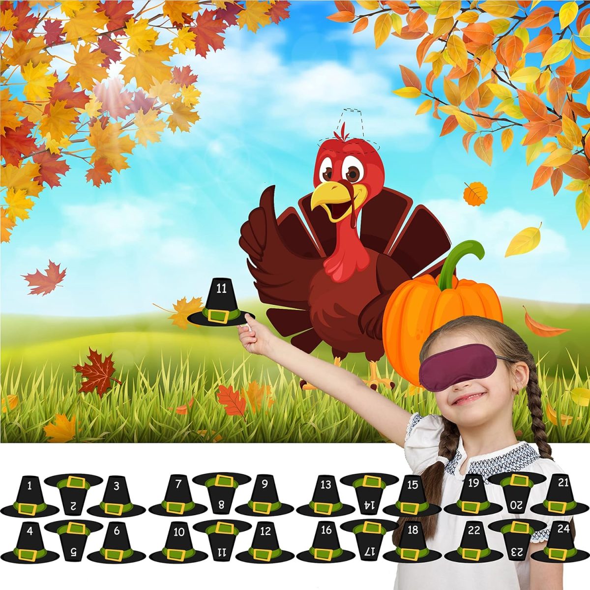 Image shows a picture of a turkey with Thanksgiving decorations and a young girl blindfolded playing Pin the hat on the turkey. 