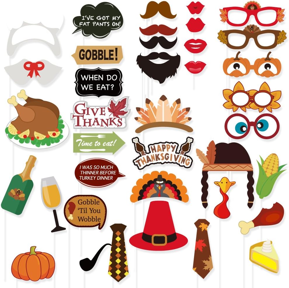 Compilation of different Thanksgiving Photo Booth ideas such as glasses, turkeys, Thanksgiving food, etc.