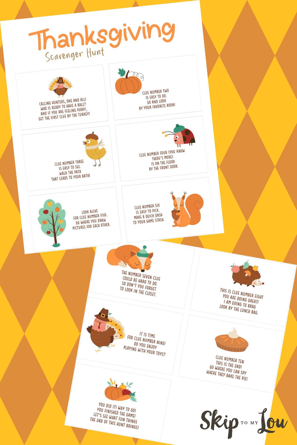Printable thanksgiving scavenger hunt with clues on top of a yellow and brown background.