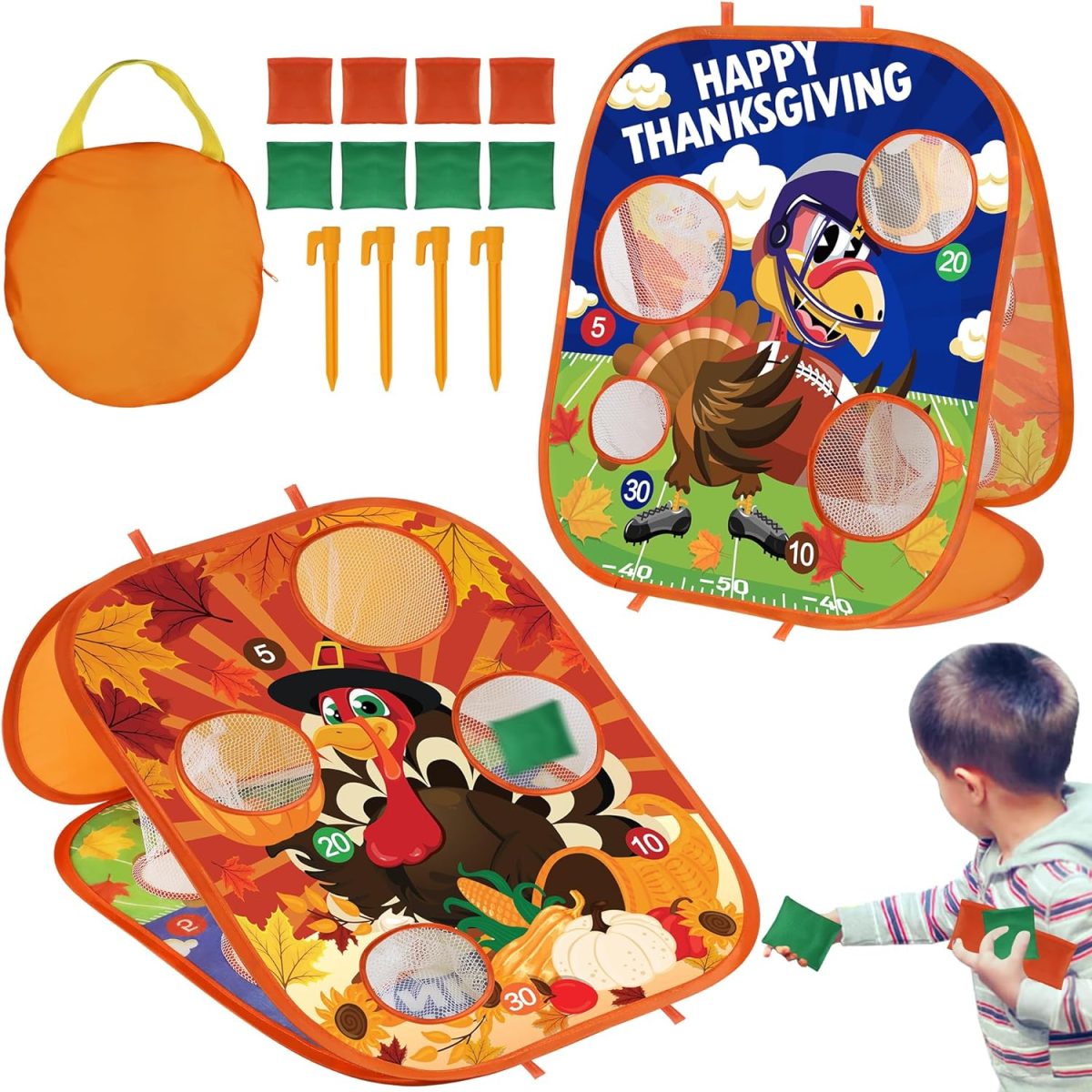 Thanksgiving Toss game and a kid playing with it