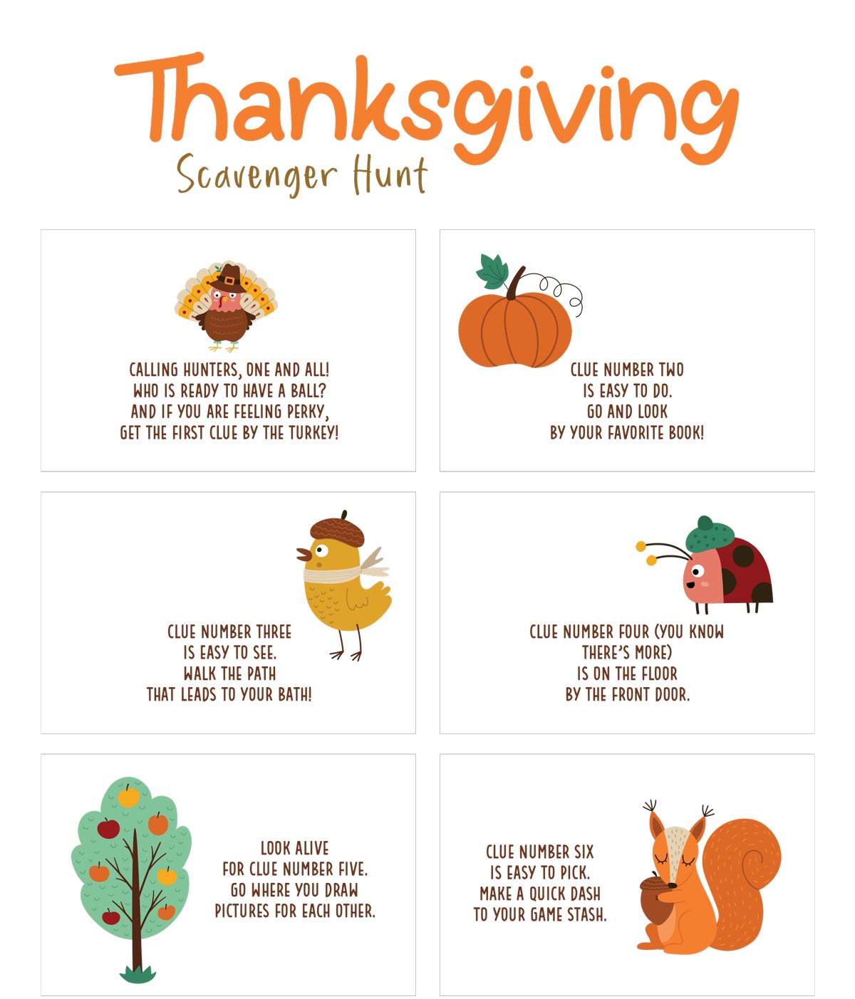Printable thanksgiving scavenger hunt with clues 