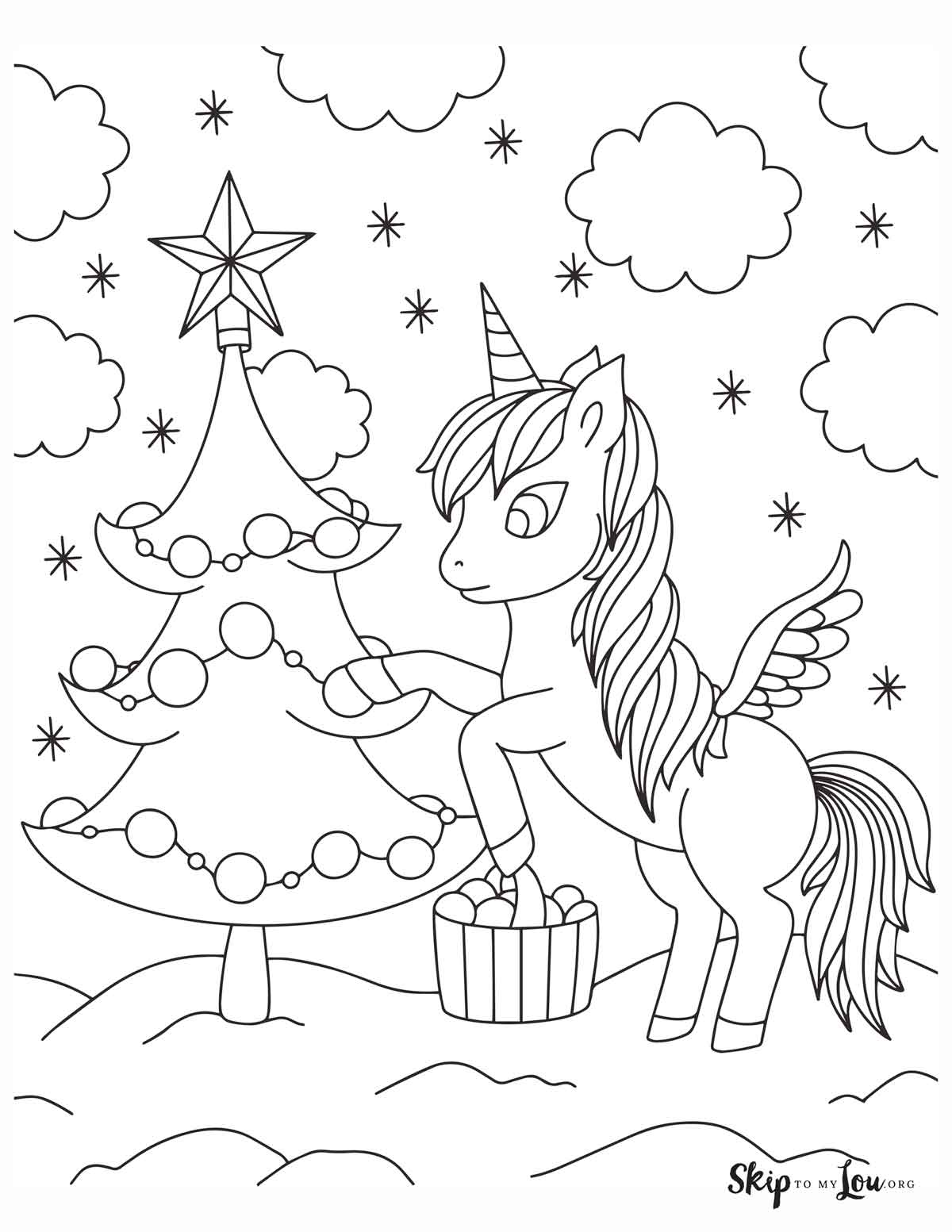 unicorn decorating christmas tree