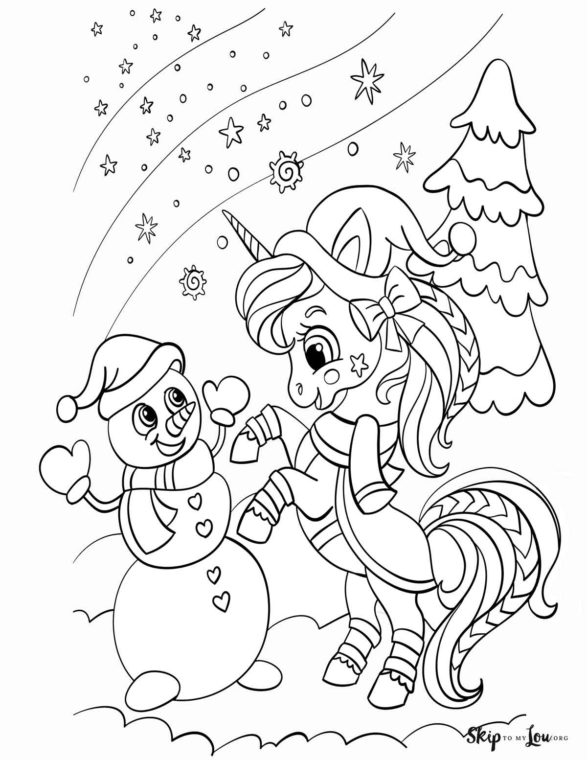 unicorn with snowman coloring page