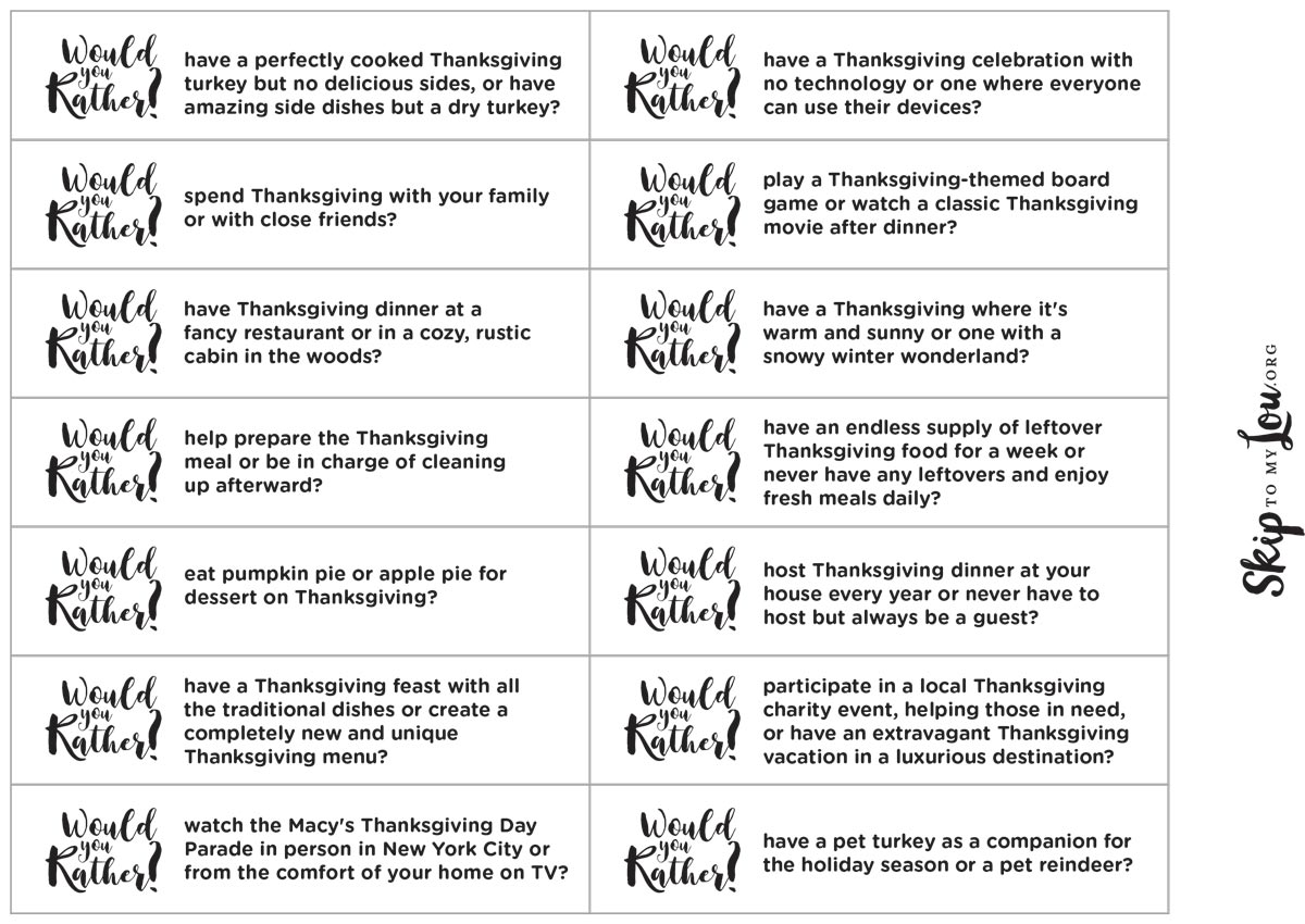 Printed Would You Rather questions inspired by Thanksgiving