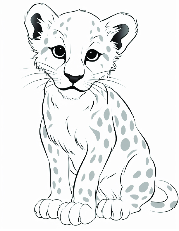 Cheetah Coloring Page 10 - Line drawing of a cute baby cheetah with grey spots