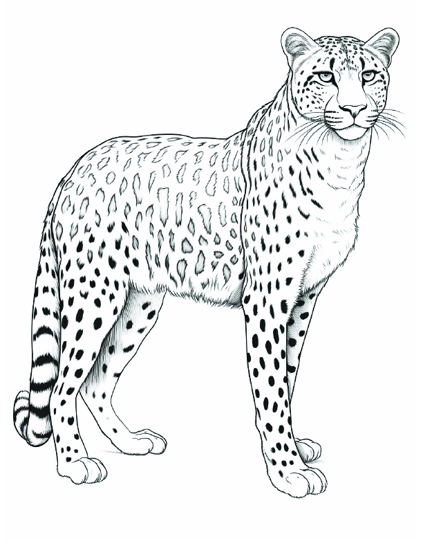 Cheetah Coloring Page 14 - Line drawing of a tall cheetah with long legs