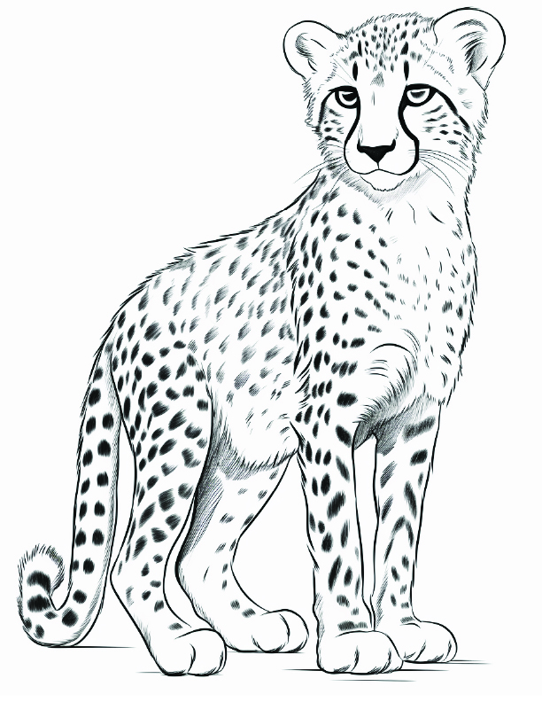 Cheetah Coloring Page 2 - Line drawing of a young cheetah alert with head up