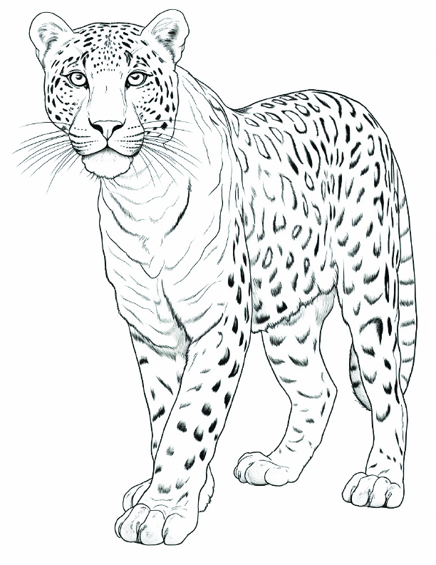 Cheetah Coloring Page 5 - Line drawing of a big cheetah with wrinkly skin on the front