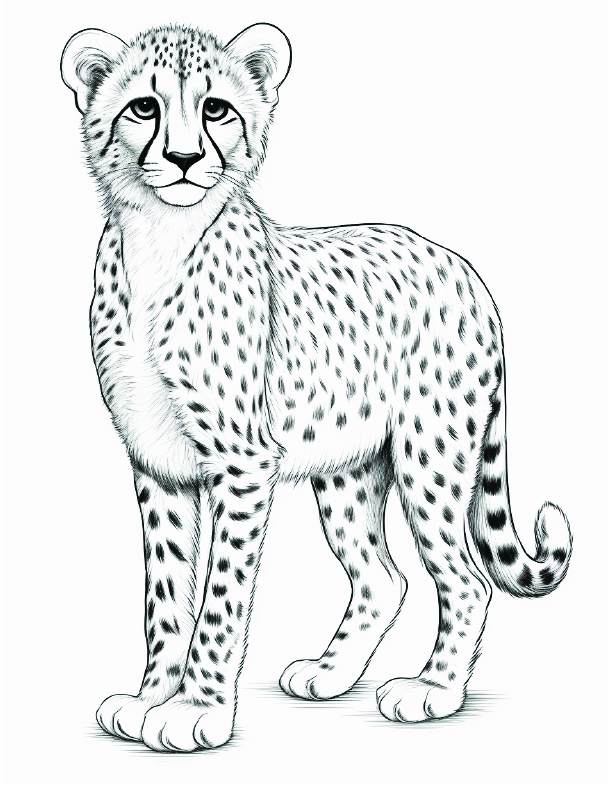 Cheetah Coloring Page 8 - Line drawing of a young cheetah standing upright