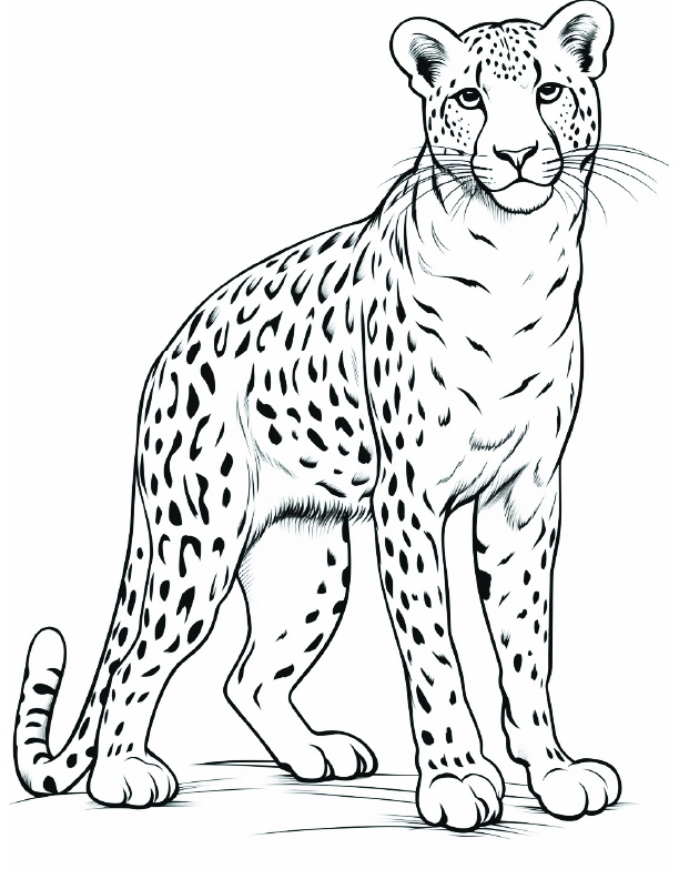 Cheetah Coloring Page 9 - Line drawing of a big cheetah standing alert with long tail