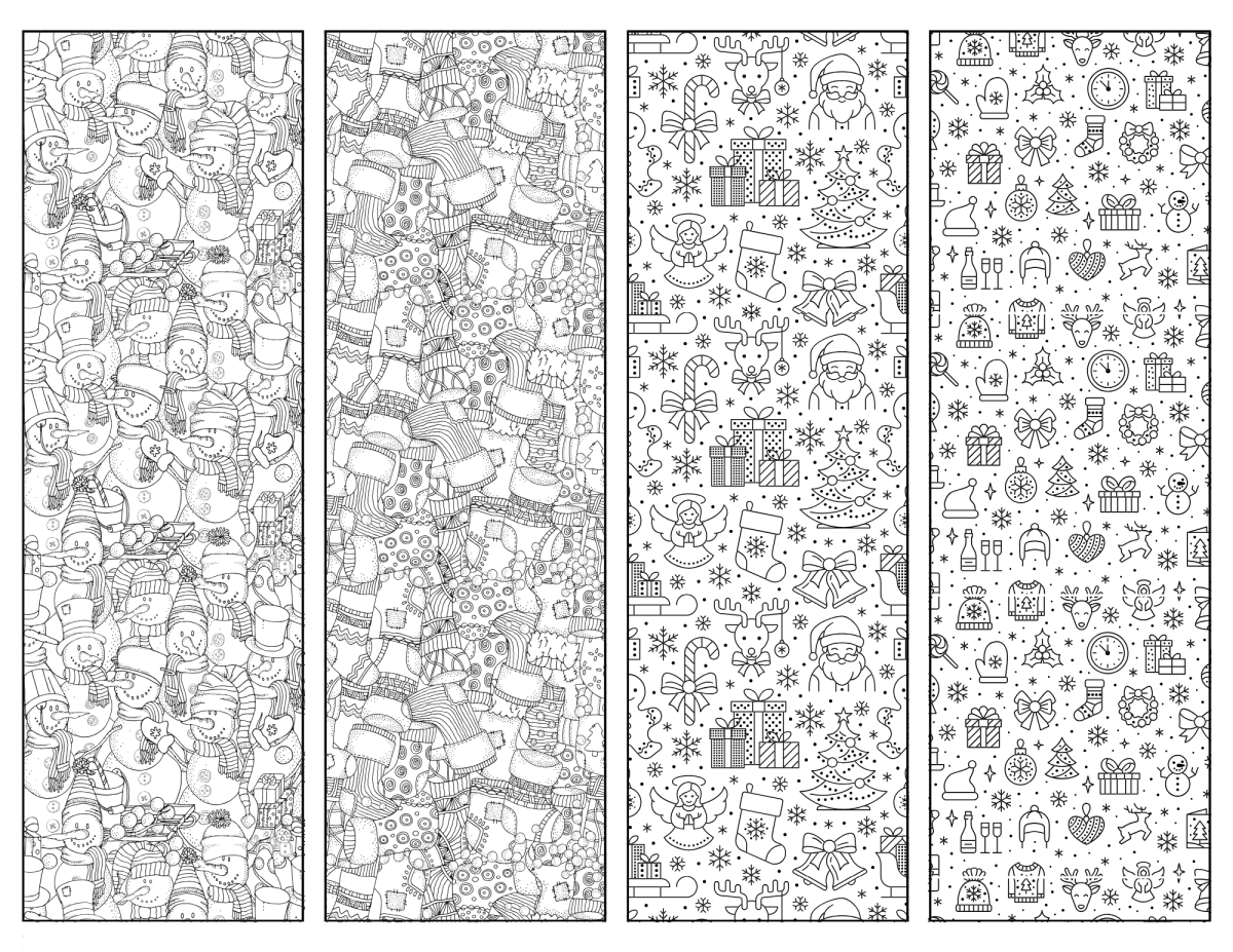 Black and white Christmas bookmarks coloring page in 4 different designs, ready to be printed, from Skip to my Lou