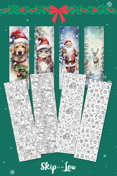 Printed Christmas bookmarks in full color and black and white for coloring, on top of a green background. From Skip to my Lou