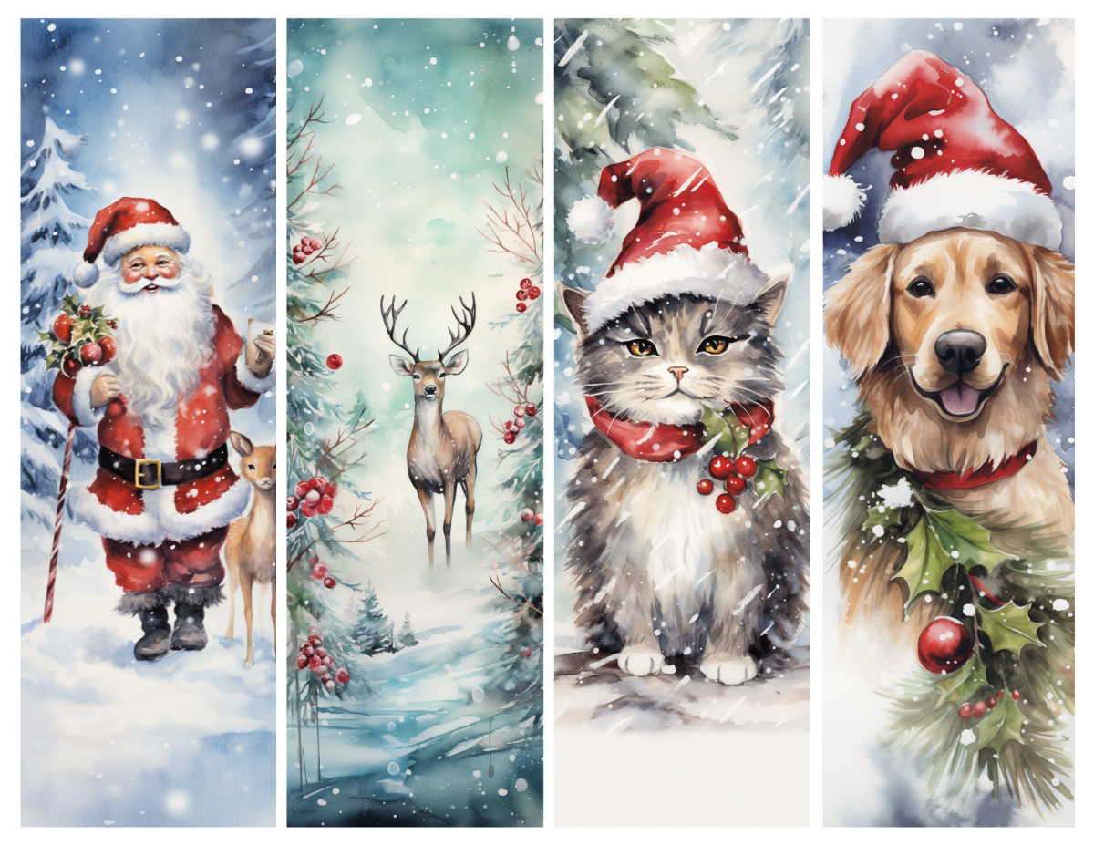 Full color Christmas bookmark ready to be printed, with a Santa, a reindeer, a cat and a dog with Christmas hats