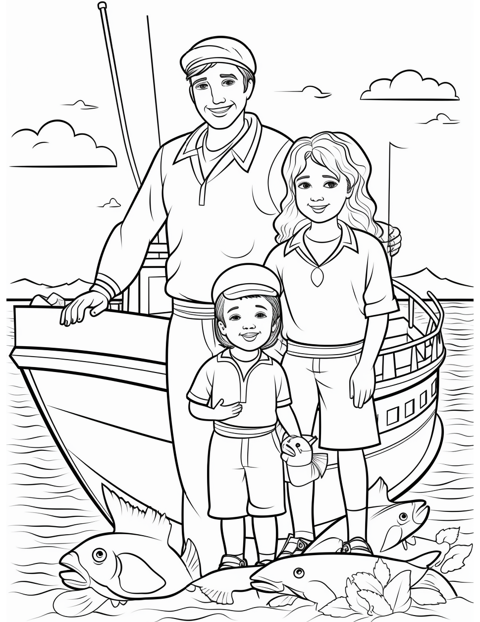 Fishing Coloring Page 1 - Line drawing of a family standing in front of a fishing boat