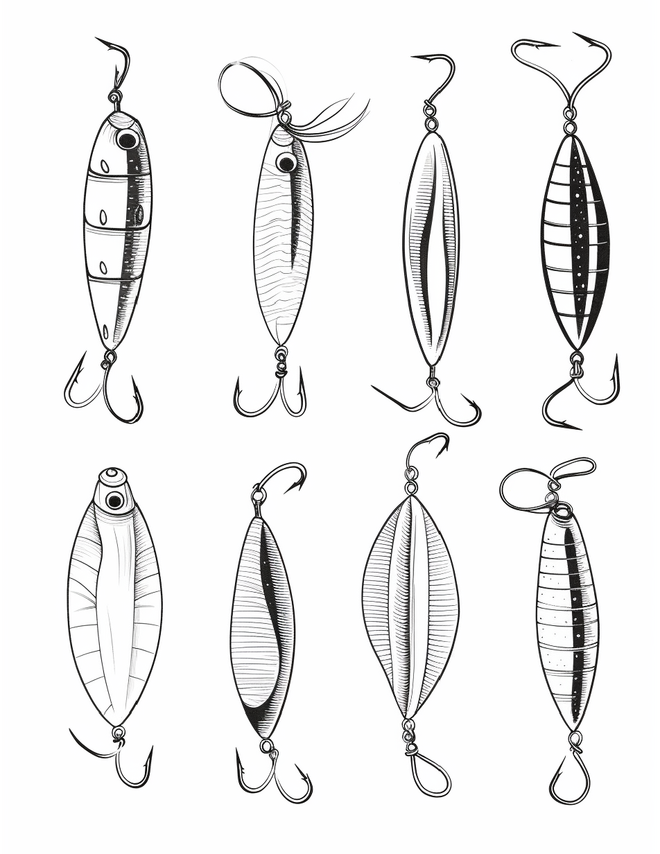 Fishing Coloring Page 2 - Line drawing of eight different fishing hooks