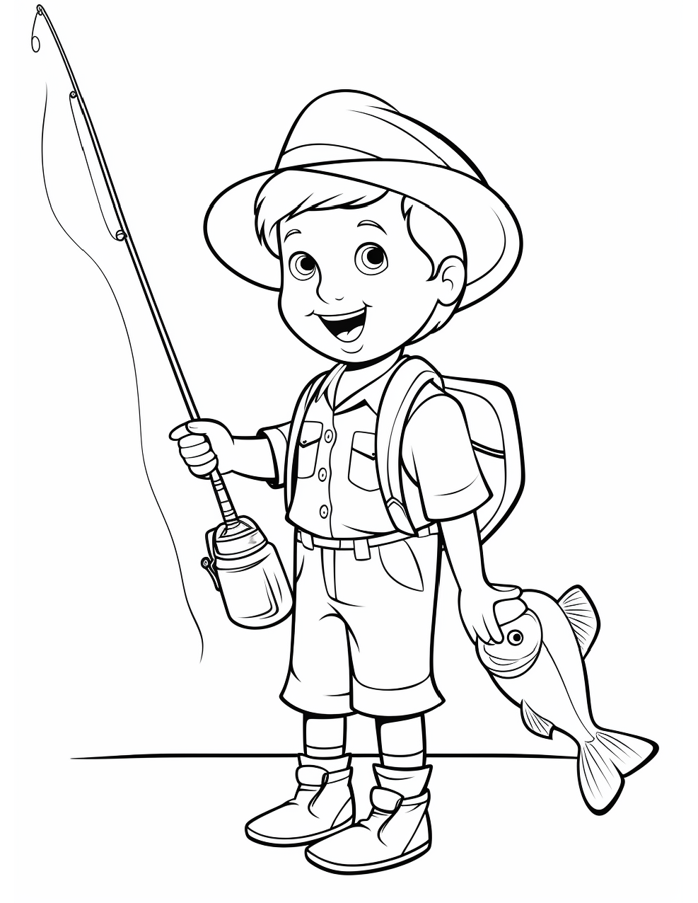 Skip to my Lou - Fishing Coloring Pages - Line drawing of a boy holding a fishing rod and a fish
