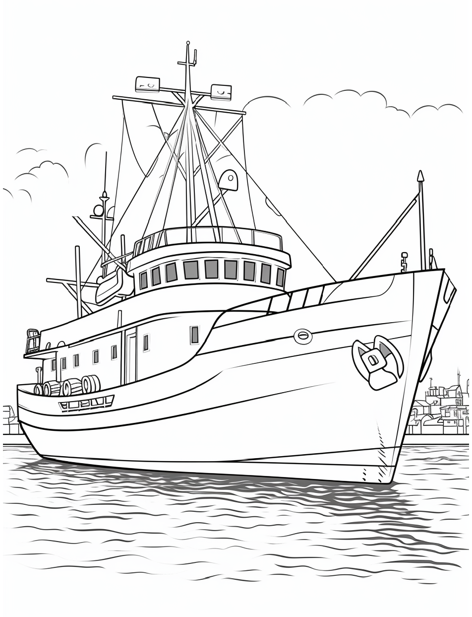 Fishing Coloring Page 4 - Line drawing of a large fishing boat