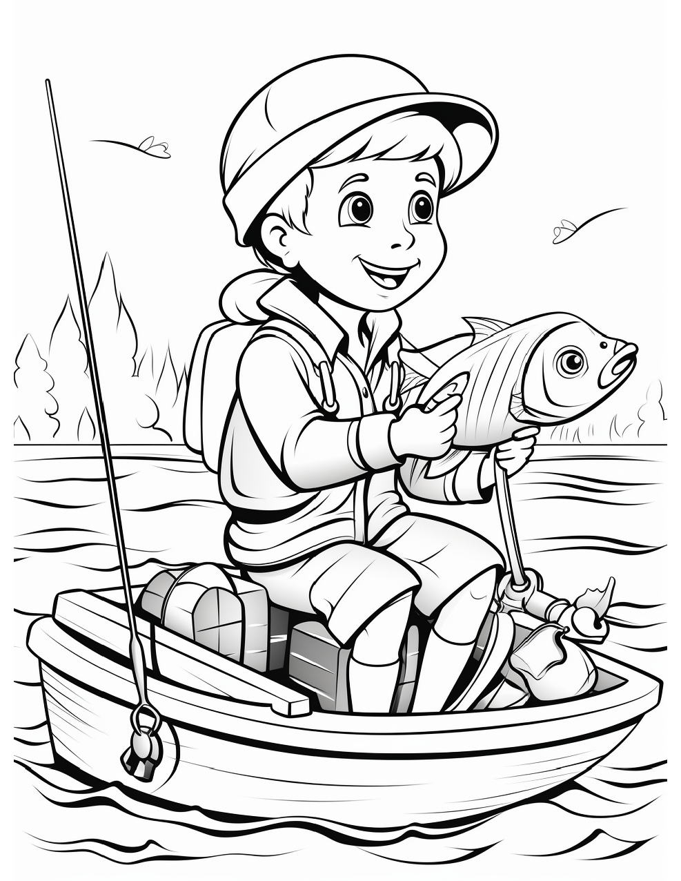 Fishing Coloring Page 5 - Line drawing of a boy holding fish in a boat