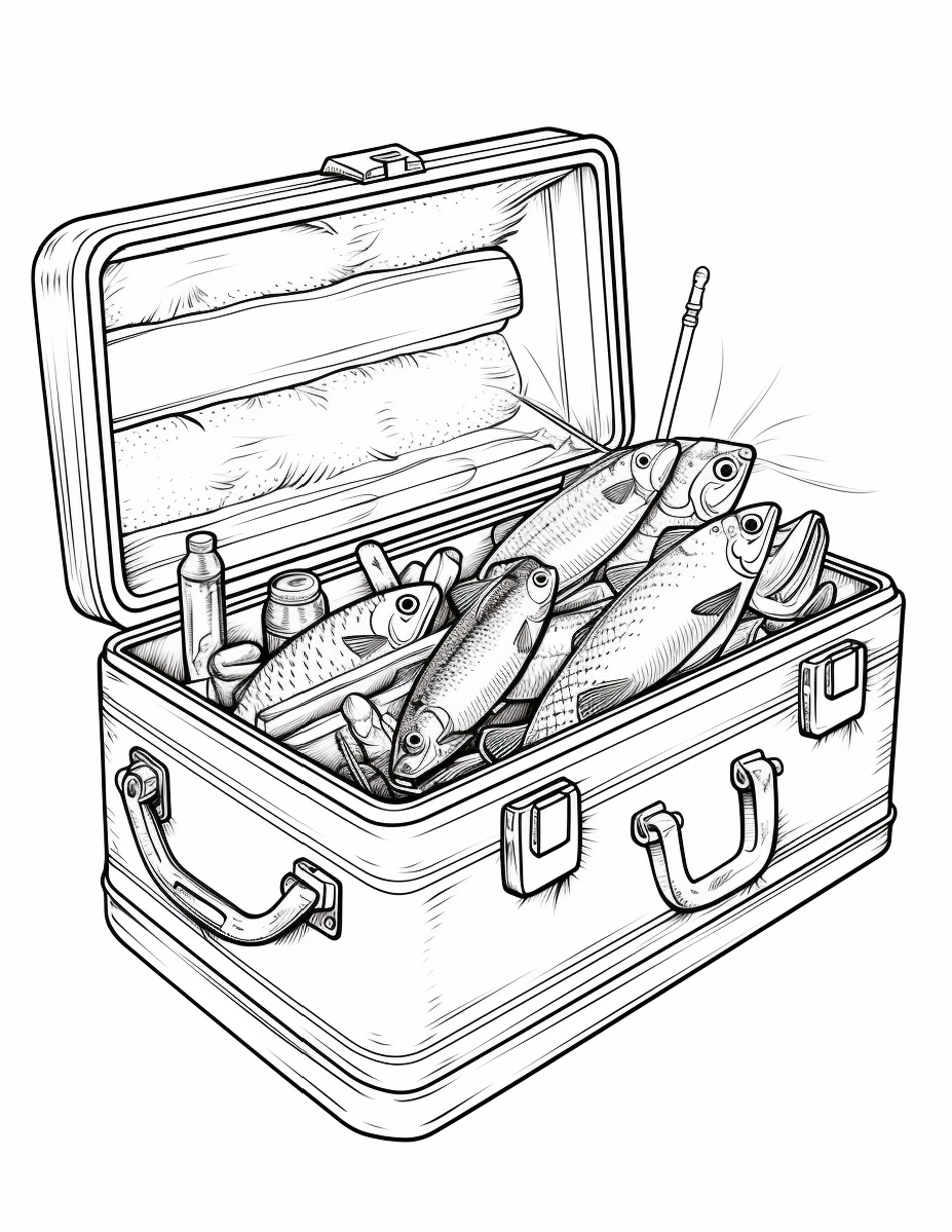 Fishing Coloring Page 6 - Line drawing of lots of fish in a case