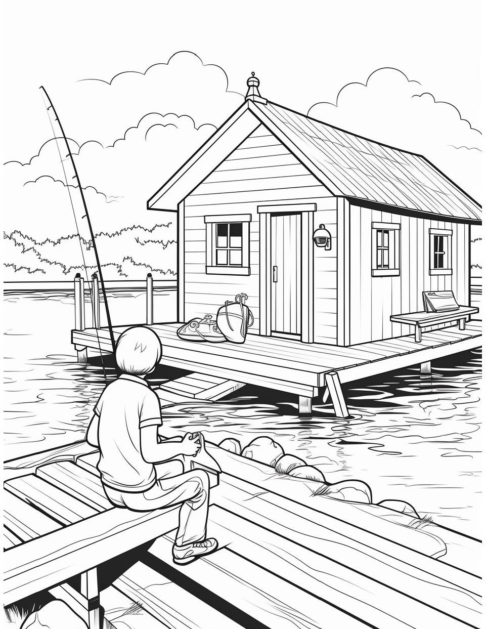 Fishing Coloring Page 7 - Line drawing of a person fishing on the docks in front of a lodge