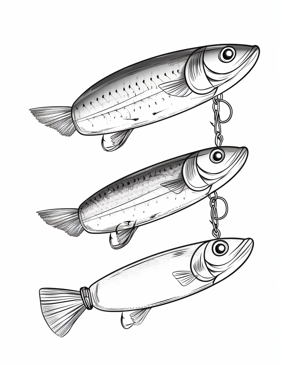 Fishing Coloring Page 8 - Line drawing of many fish lures