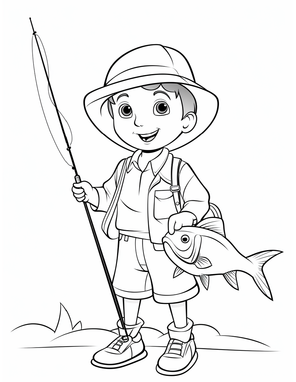 Fishing Coloring Page 9 - Line drawing of a boy with a big fish