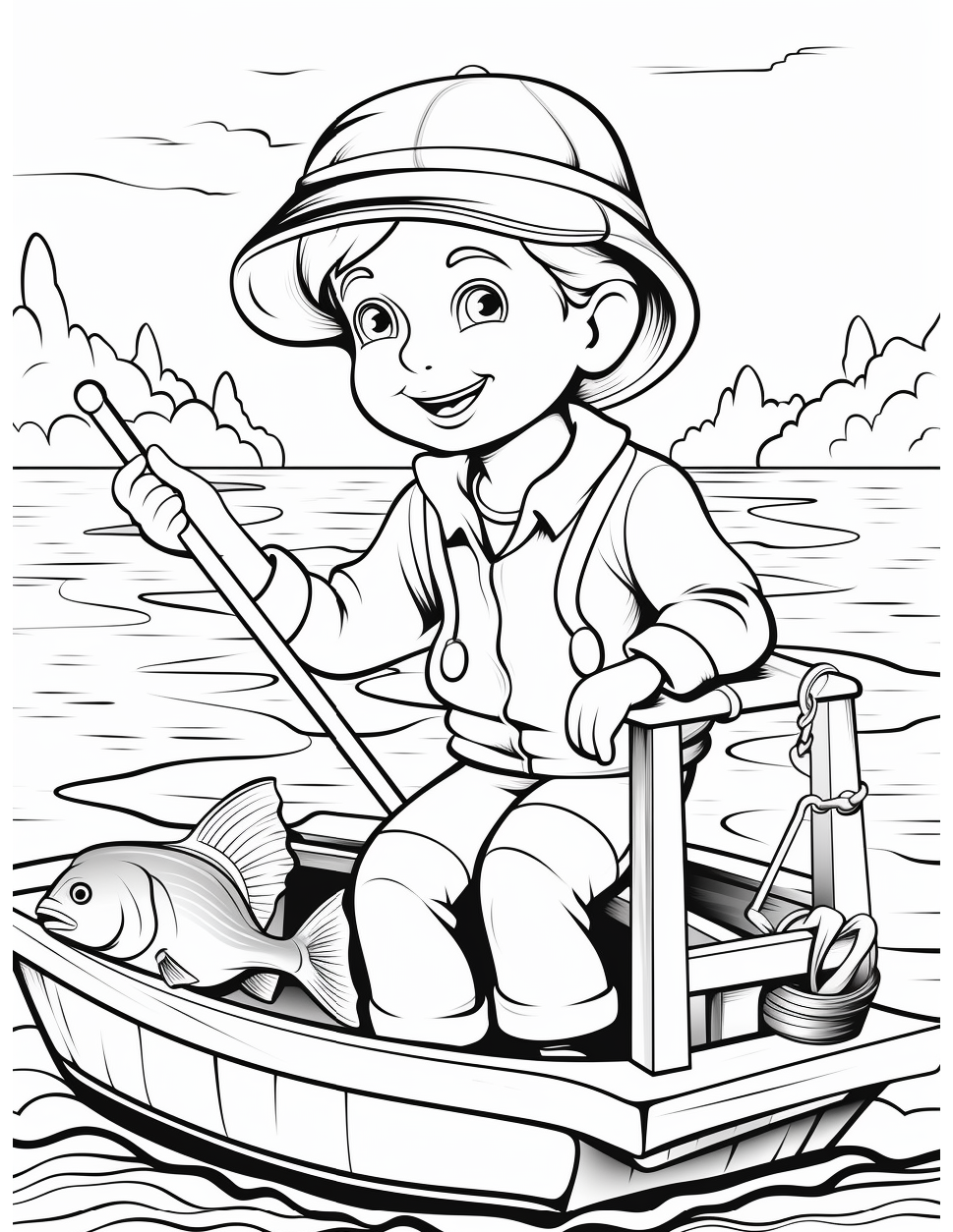 Fishing Coloring Page 10 - Line drawing of a boy fishing on a boat