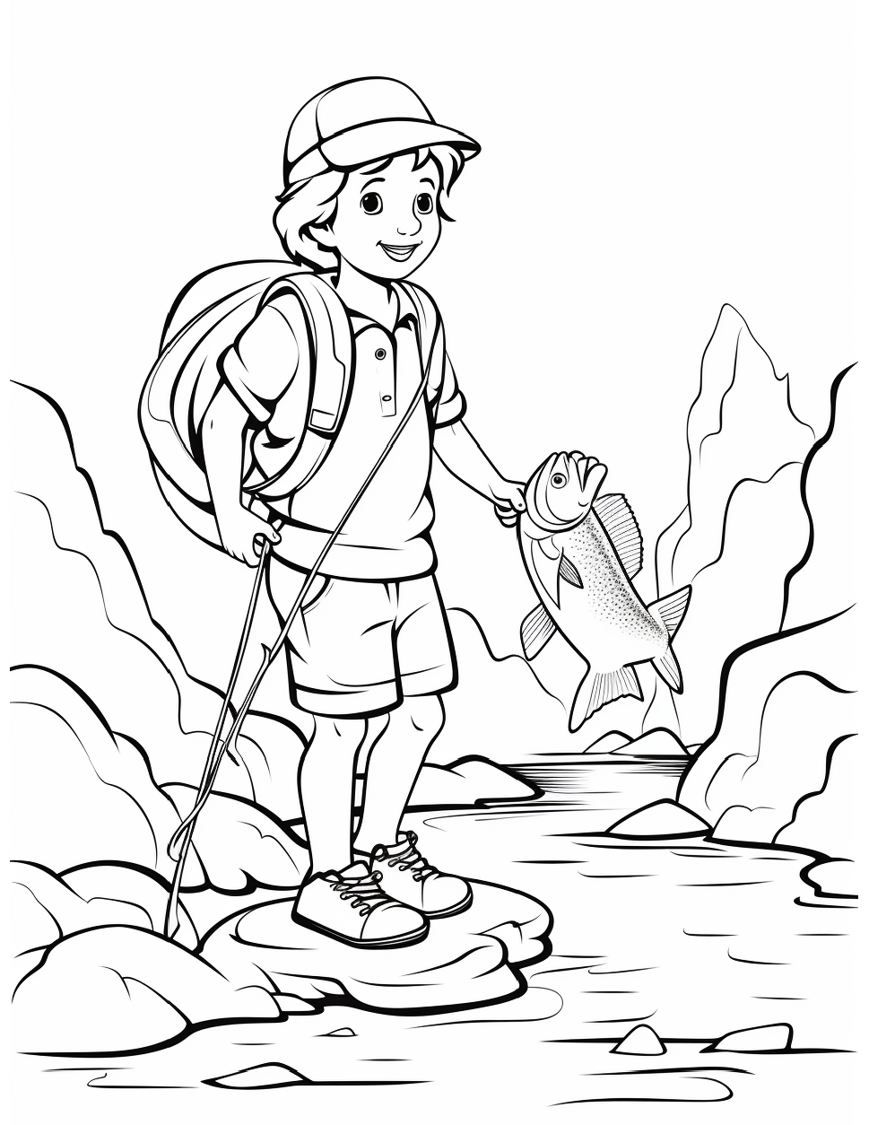 Fishing Coloring Page 11 - Line drawing of a boy with a backpack, holding a fishing rod and a fish