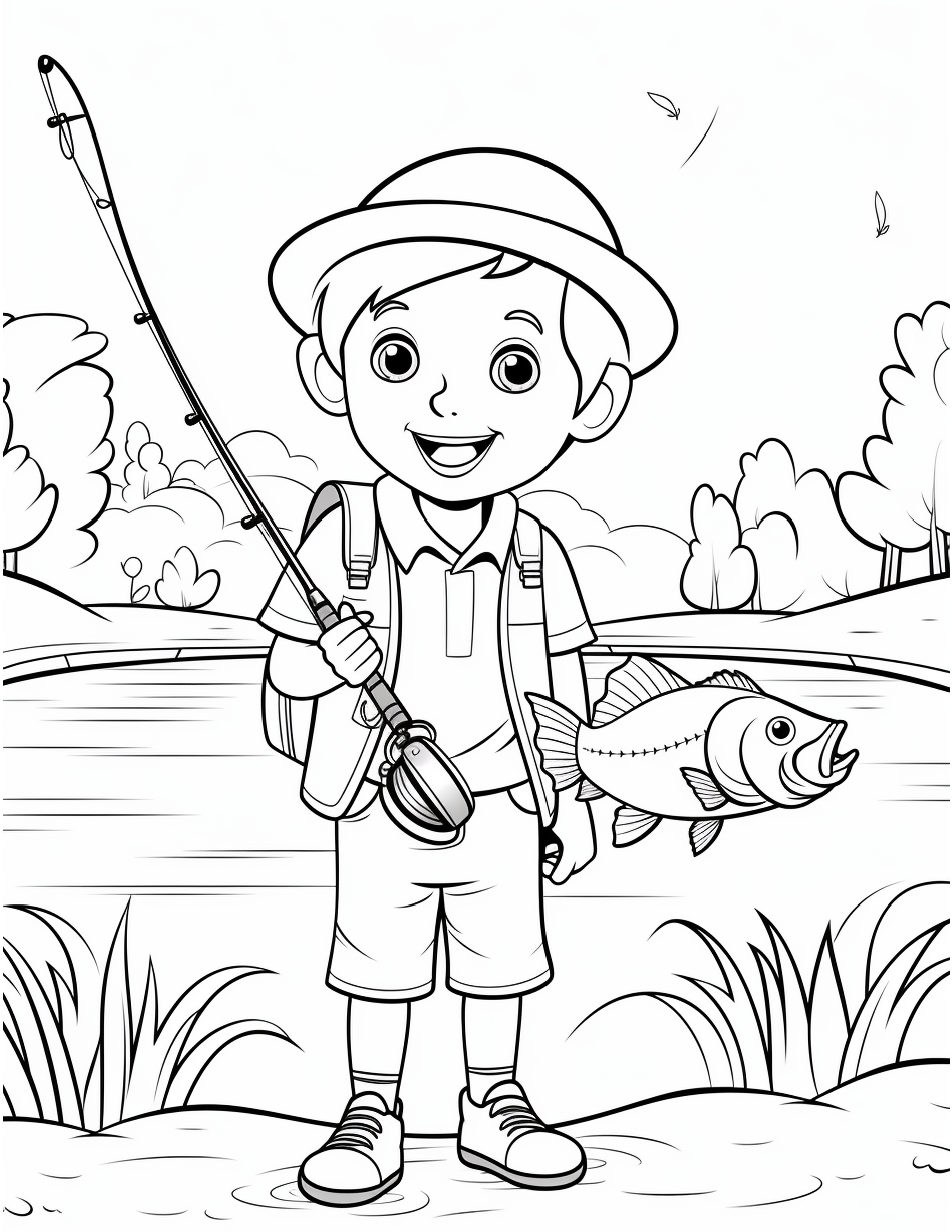 Fishing Coloring Page 12 - Line drawing of a young boy holding a fishing rod and a fish