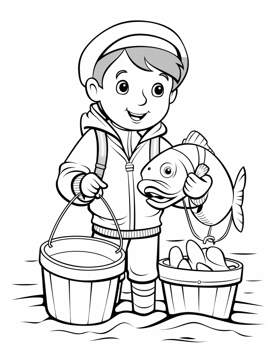 Fishing Coloring Page 13 - Line drawing of a boy with two buckets and a big fish