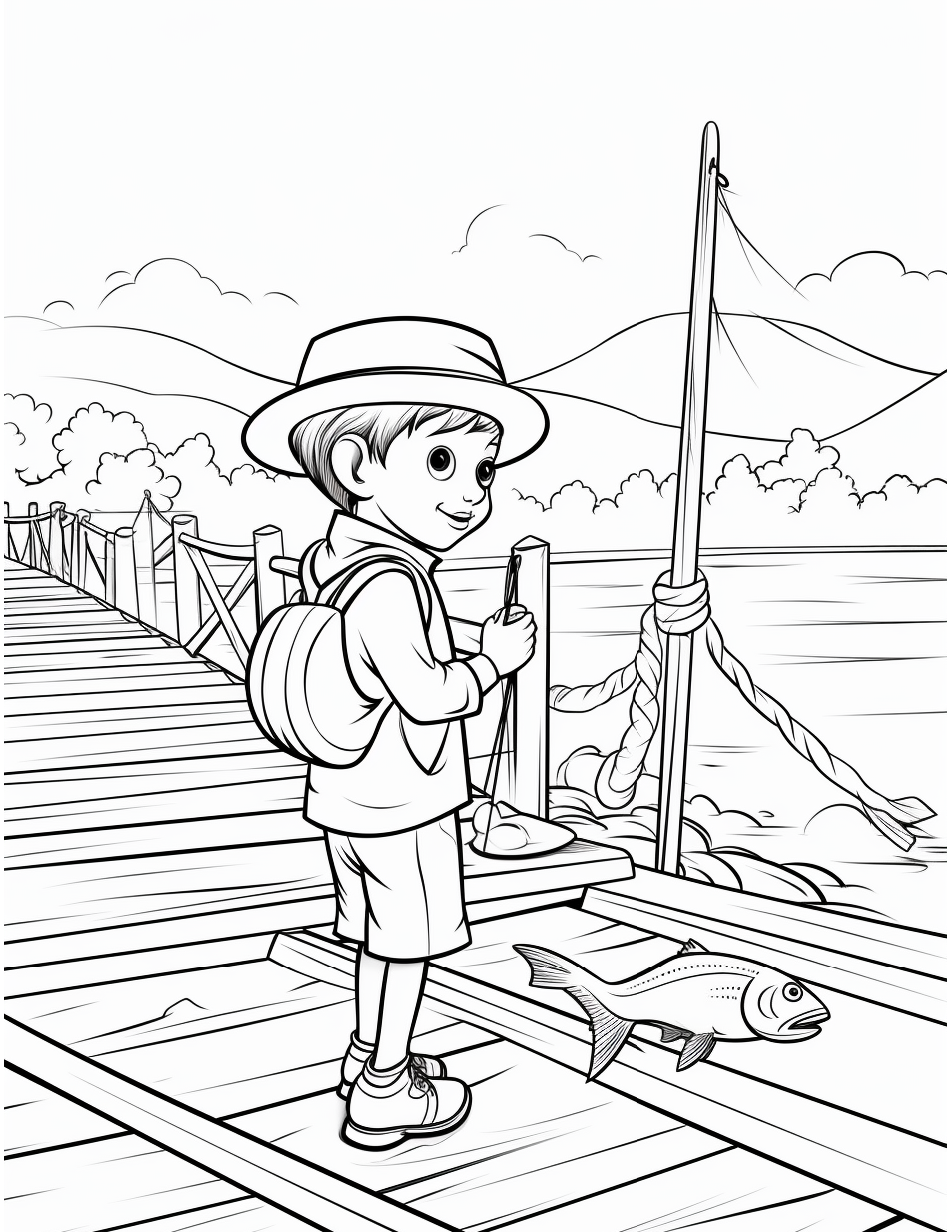 Fishing Coloring Page 14 - Line drawing of a boy fishing on a dock