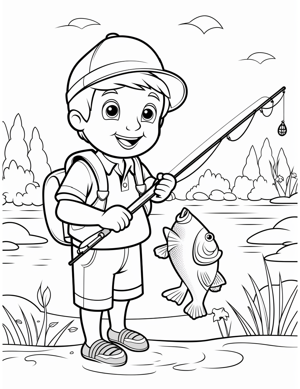 Fishing Coloring Page 15 - Line drawing of a boy with a fishing rod that's caught a fish