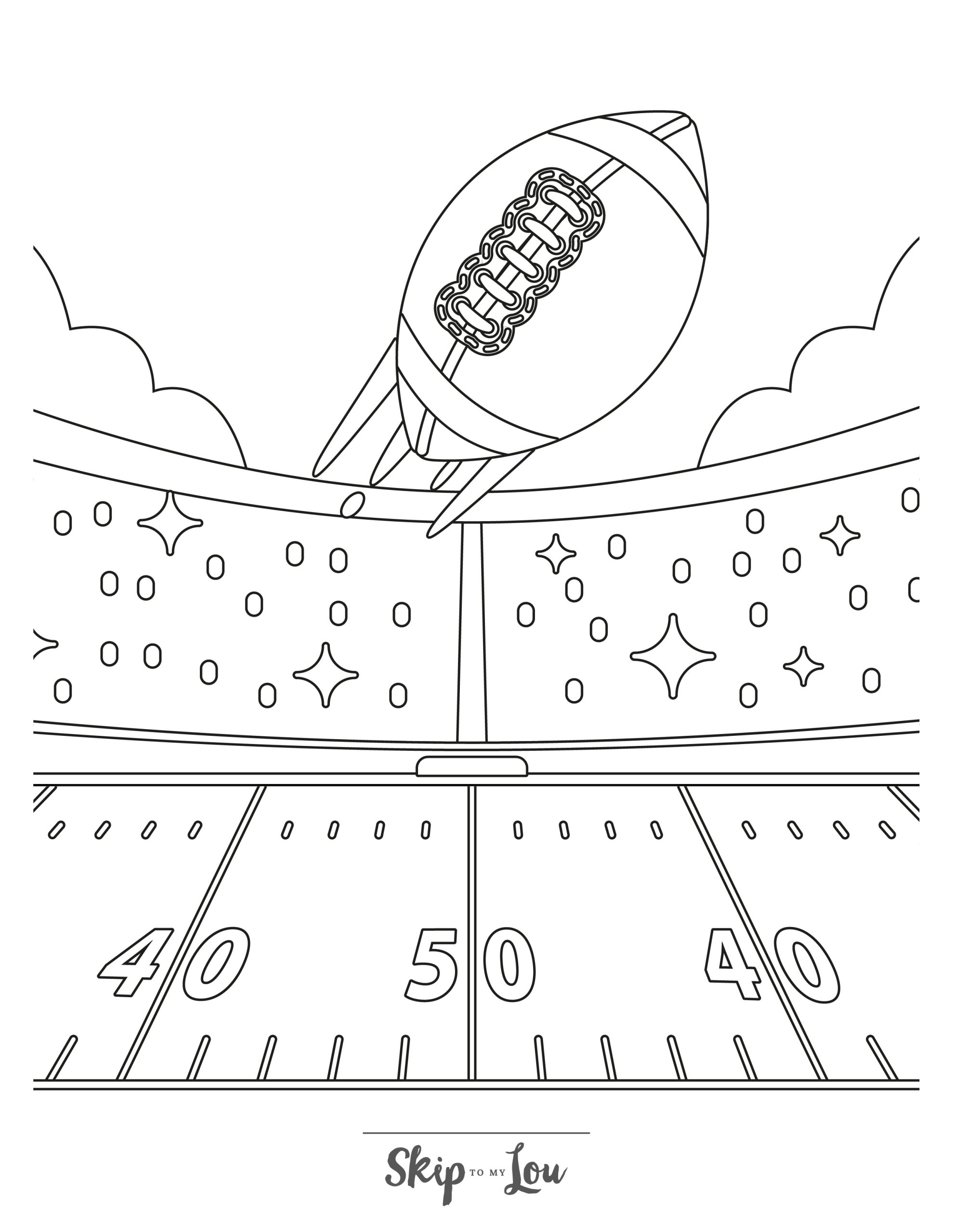 Football Coloring Page 3 - Line drawing of a football flying above a football stadium 