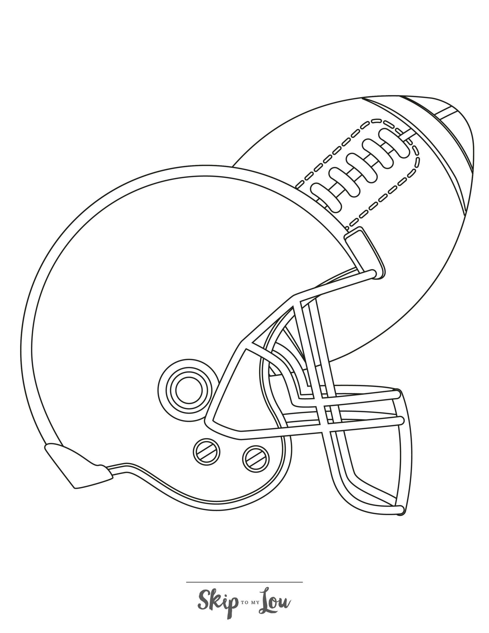 Football Coloring Page 5 - Line drawing of a football helmet with a football