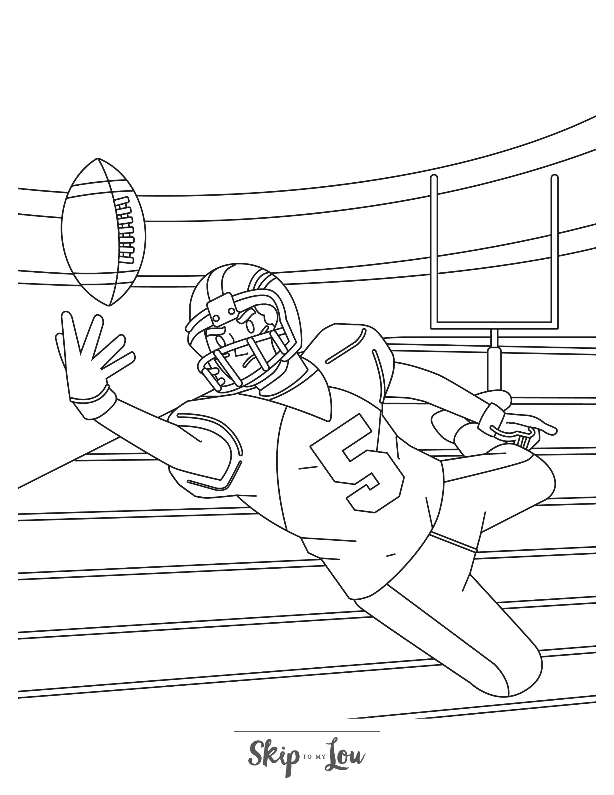 Football Coloring Page 7 - Line drawing of a wide receiver jumping to catch the football