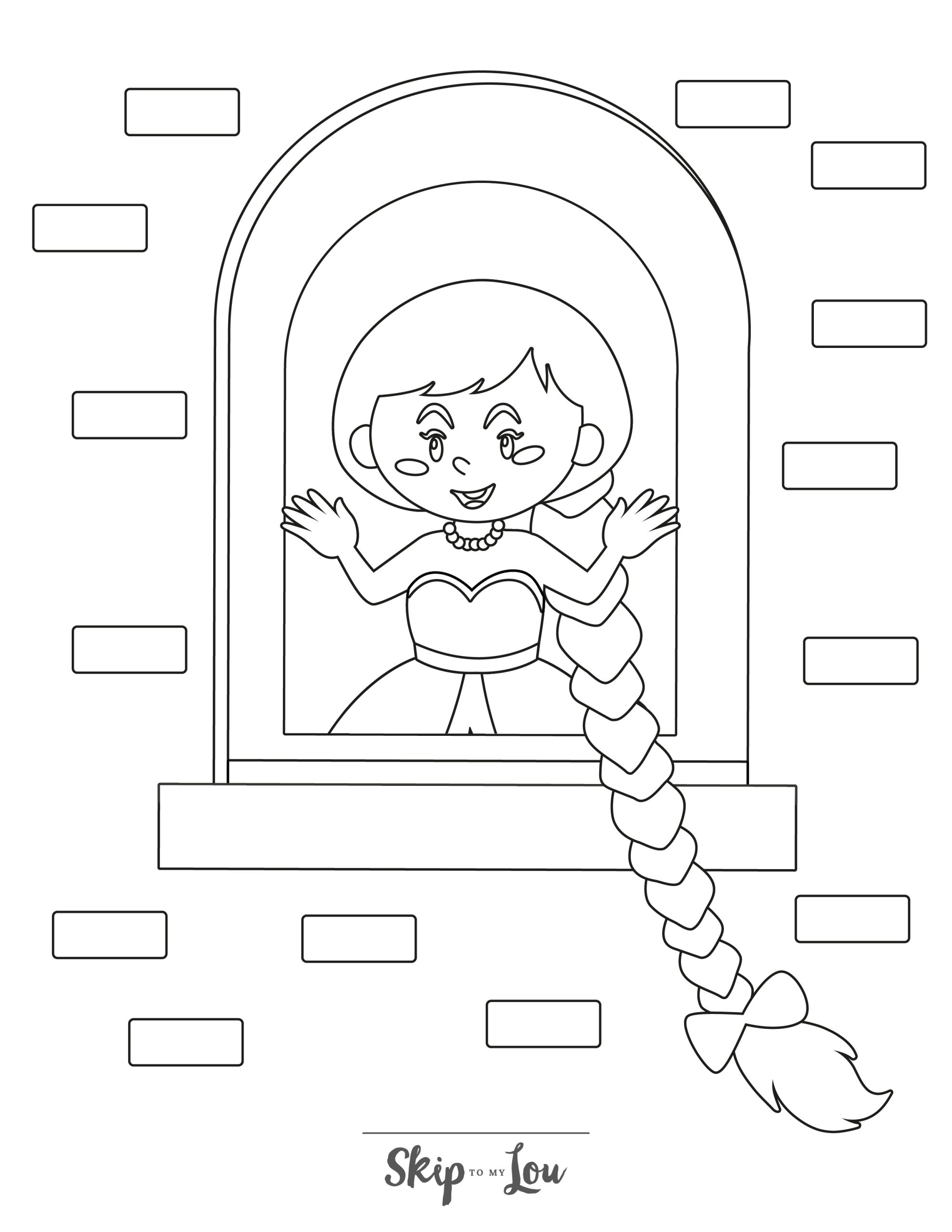 Rapunzel Coloring Page 1 - Line drawing of Rapunzel at the tower window
