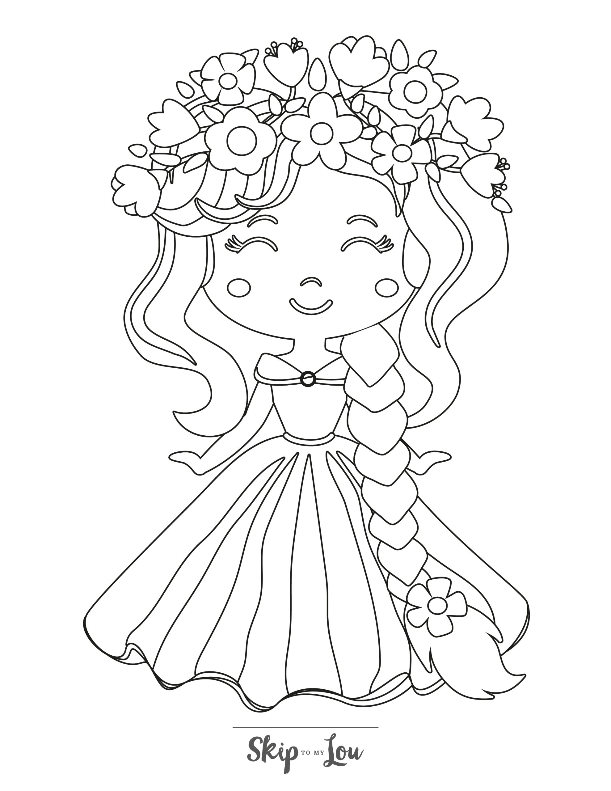 Rapunzel Coloring Page 10 - Line drawing of Rapunzel wearing a flowery headdress