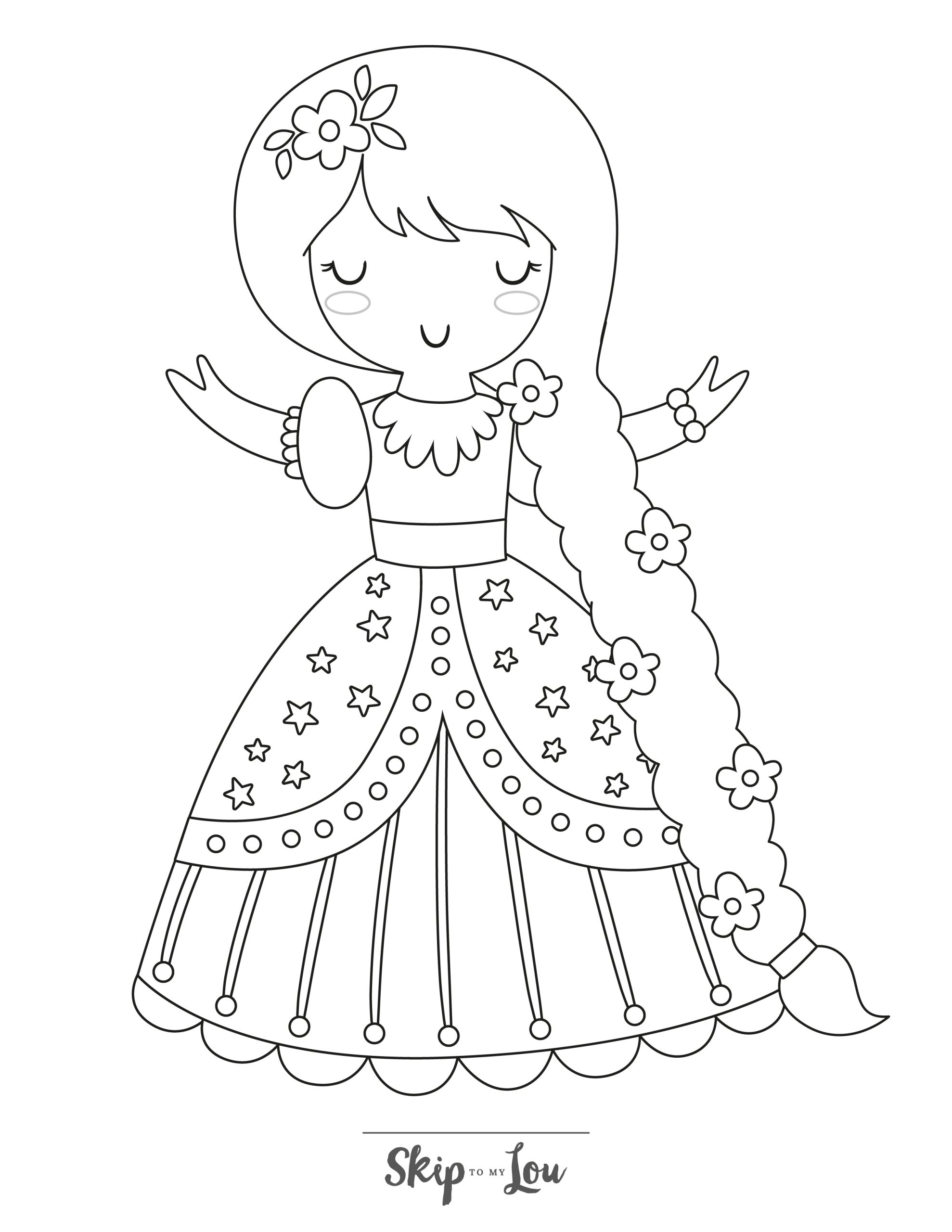 Rapunzel Coloring Page 12 - Detailed line drawing of Rapunzel wearing a dress